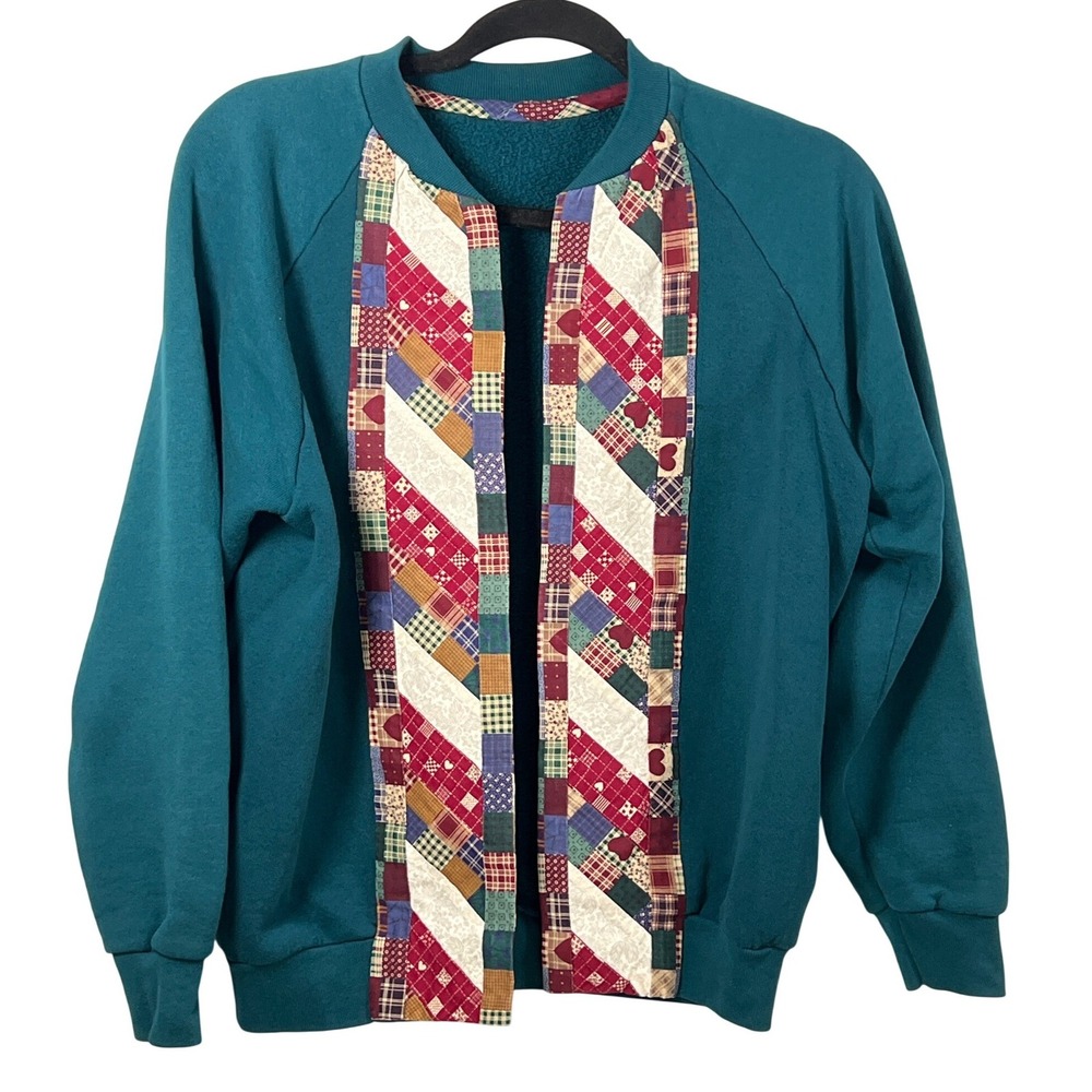 Handmade Quilted Teal Blue Sweatshirt Cardigan Small Rare Grannycore Cottagecore